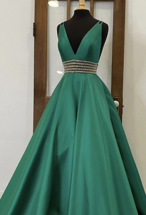 V Neck Emerald Green Satin Long Prom Dress, Emerald Green Formal Graduation Evening Dress cg17351