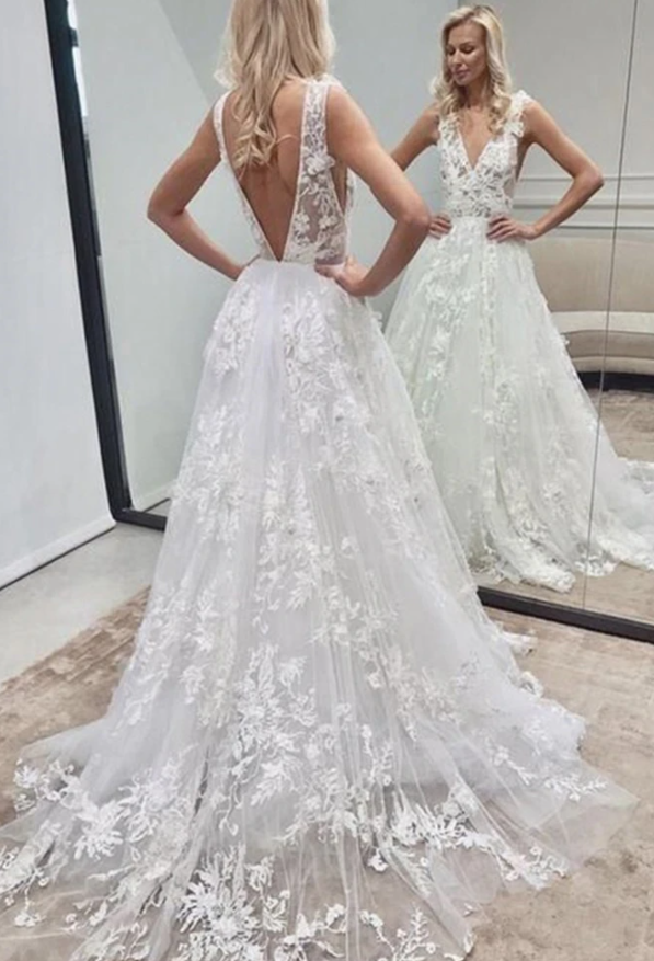 V Neck and V Back White Lace Long Wedding Dress, Long White Lace Prom Dress, White Formal Evening Dress cg17352