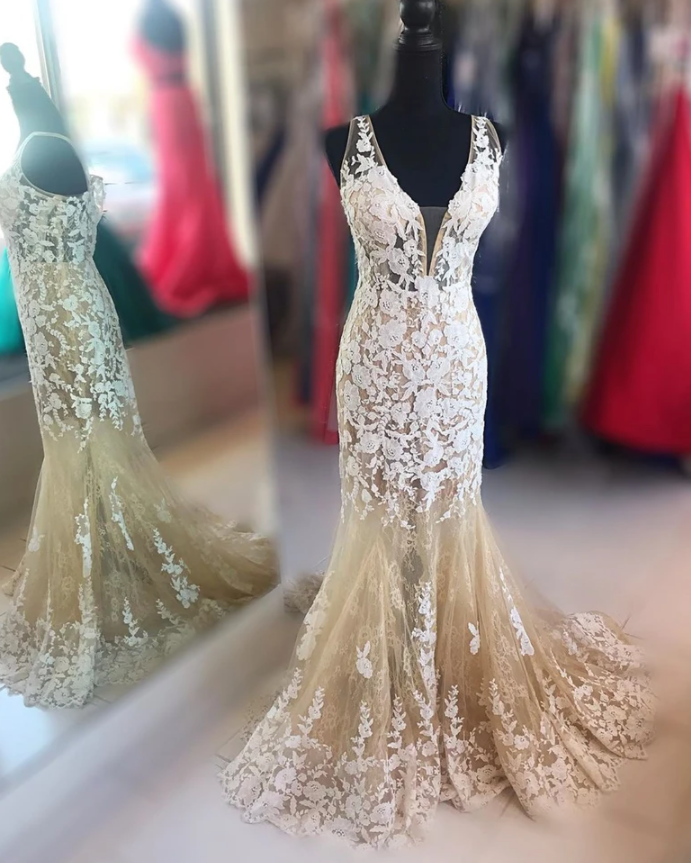 Mermaid V Neck Champagne Lace Prom Dress, Mermaid Champagne Formal Dress cg17353