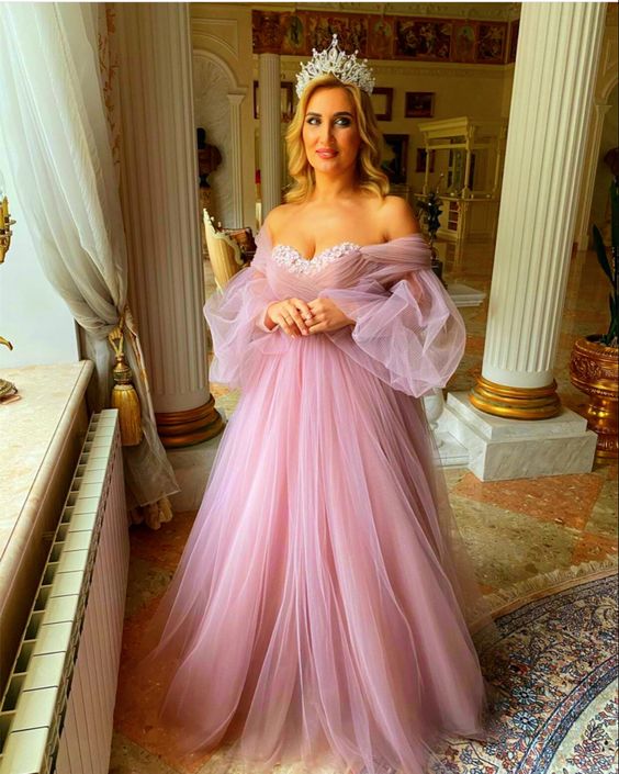 prom dresses Dusty Pink Boho Wedding Dresses Tulle Long Sleeves Off The Shoulder cg17382