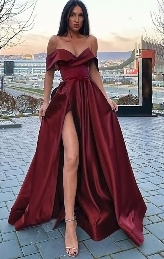 Elegant A Line Satin Off the Shoulder Royal Blue Long Women Formal Prom Dresses Party Gown with Slit cg17386