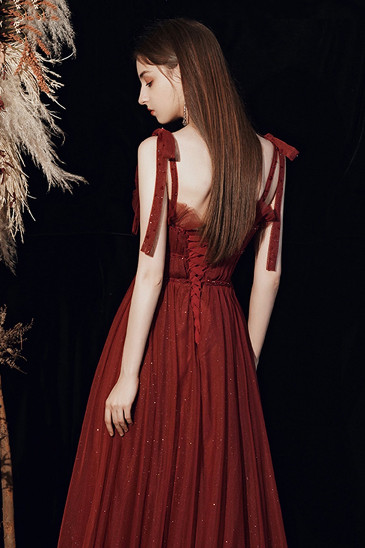 BURGUNDY TULLE LONG A LINE PROM DRESS EVENING DRESS cg17390