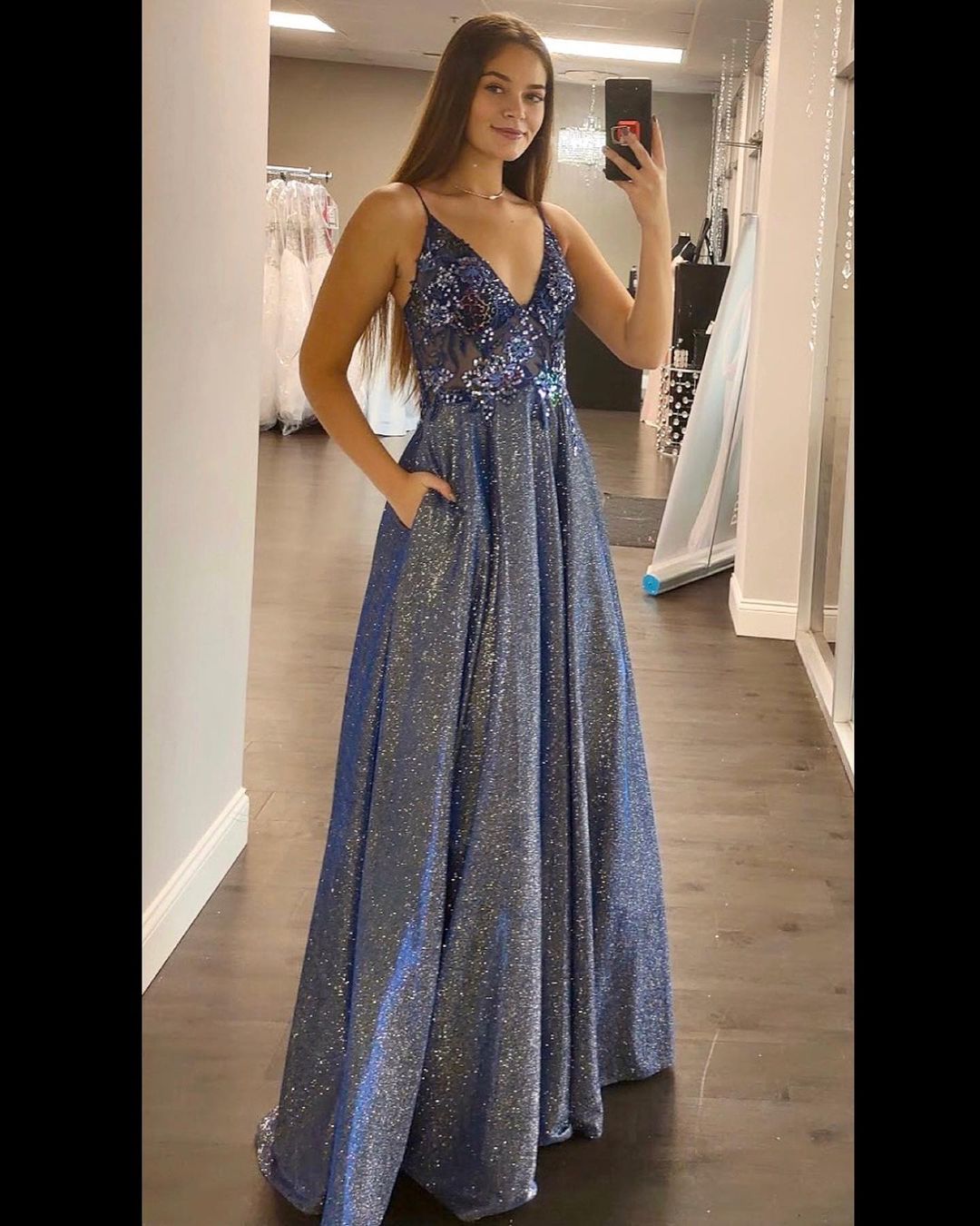 A-line navy blue long prom dress with v neckline cg17397