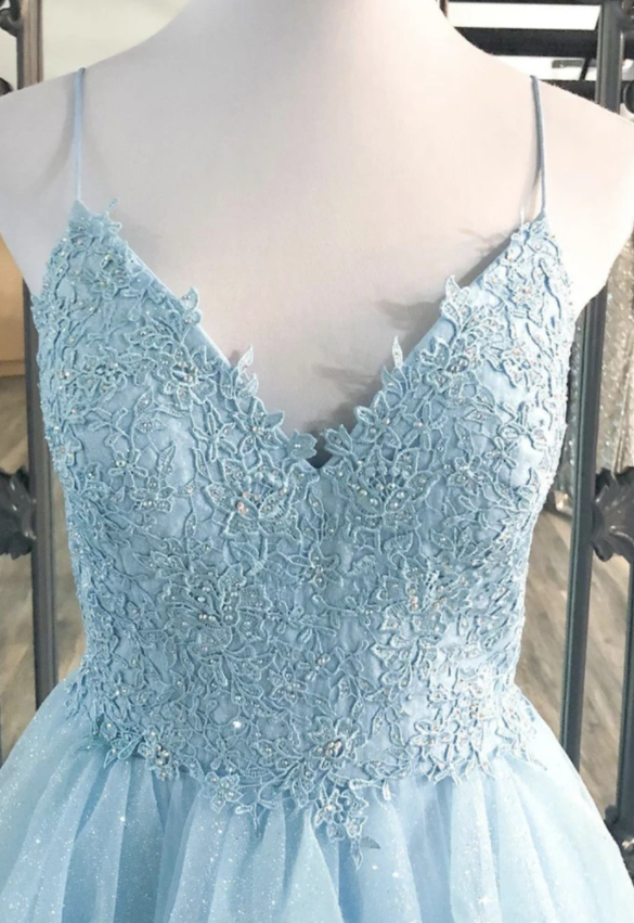 Blue tulle lace long prom dress A line evening dress cg17407