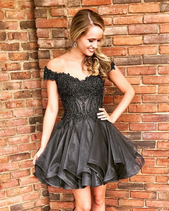 Off the shoulder black short homecoming dress cg17423