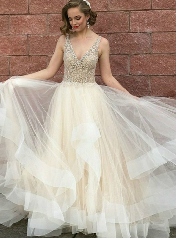 A-Line Champagne Tulle Deep V-neck Beading Long Prom Dress cg17424