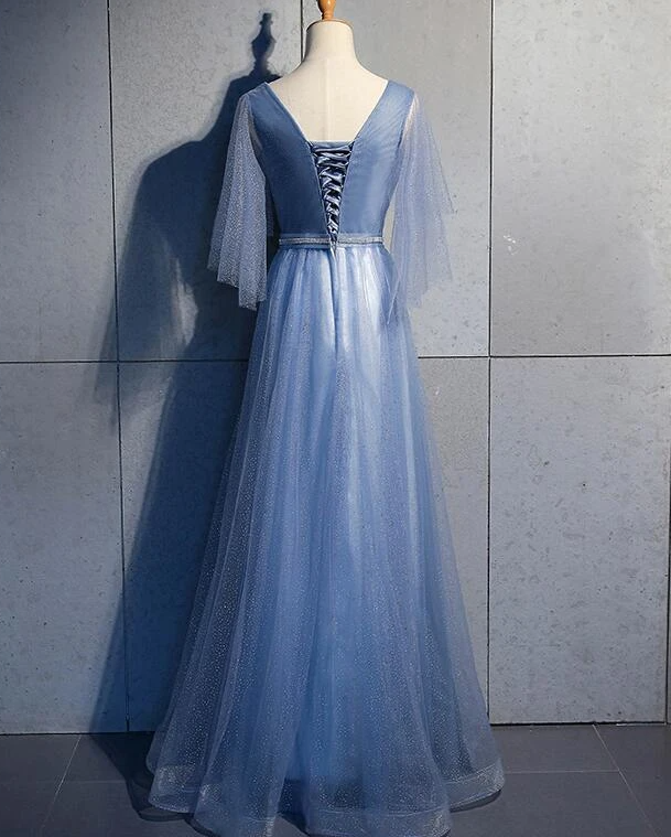 Tulle A-Line Short Sleeves Long Prom Dress, Tulle Bridesmaid Dress Party Dress cg17444