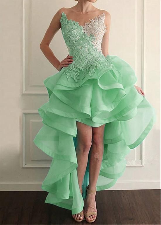 Magbridal Marvelous Tulle & Organza Sheer Jewel Neckline Hi-lo A-line Homecoming Dresses With Lace Appliques cg17468