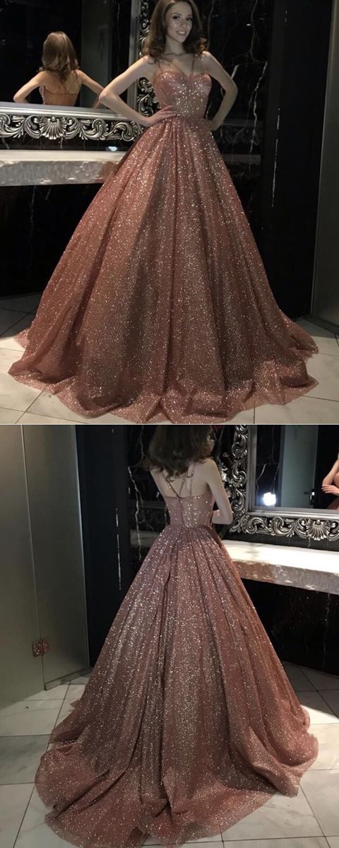 sparkly rose gold prom dresses ball gown glitter tulle cross neck cg17504