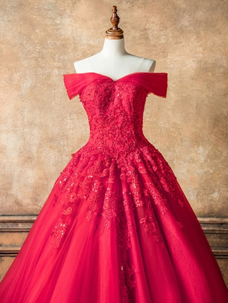 Red Tulle Off Shoulder Long V Neck Prom Dress, Lace Formal Dress cg17506