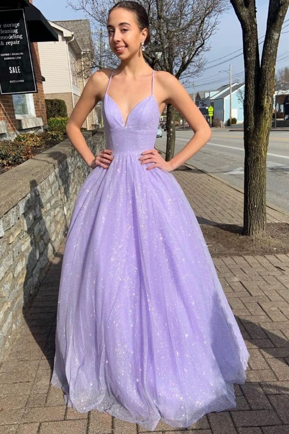 2021 A-line lavender sparkle long prom dress formal dress cg17511