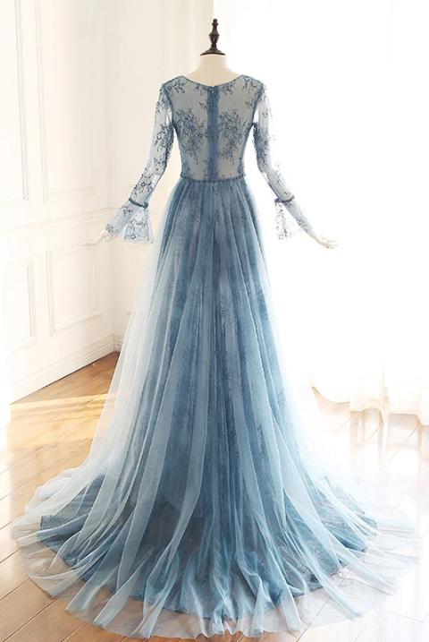 Blue tulle lace Long sleeve prom dress, blue bridesmaid dress cg17536
