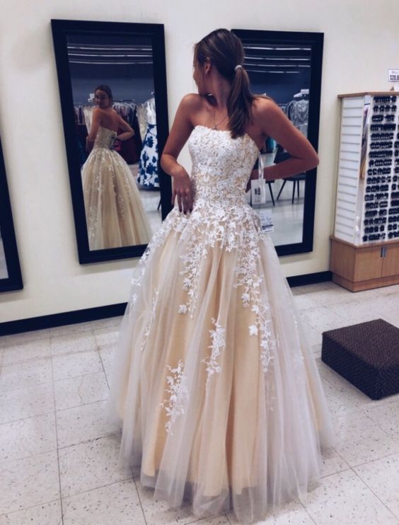 Light champagne tulle lace long prom dress cg17547