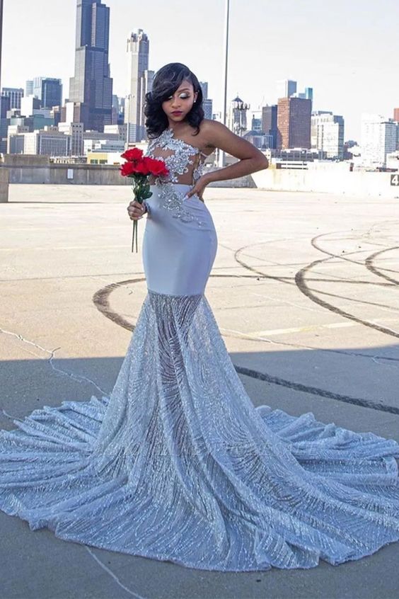 One Shoulder Appliques Slim Mermaid Evening Dress Sweet Train Prom Dress cg17553