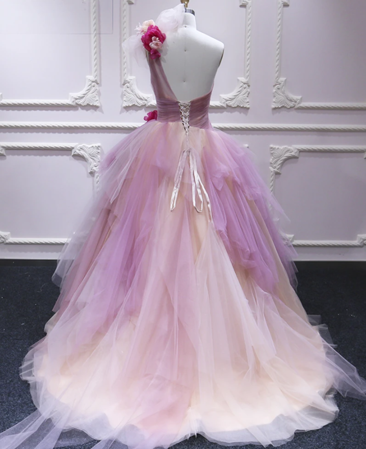 Pink Tulle One Shoulder Flowers Applique Sweet 16 Prom Dress, Ruffles Quinceanera Dress cg17554