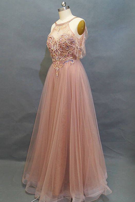 Elegant Beaded A-Line Dusty Rose Long Prom Dress cg17570
