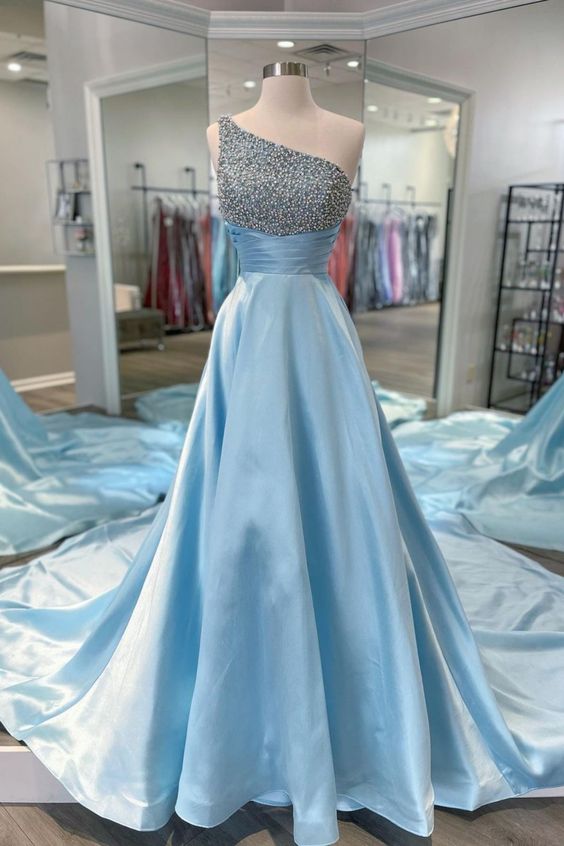beaded one shoulder light blue long formal dress with train Prom Dress cg17571