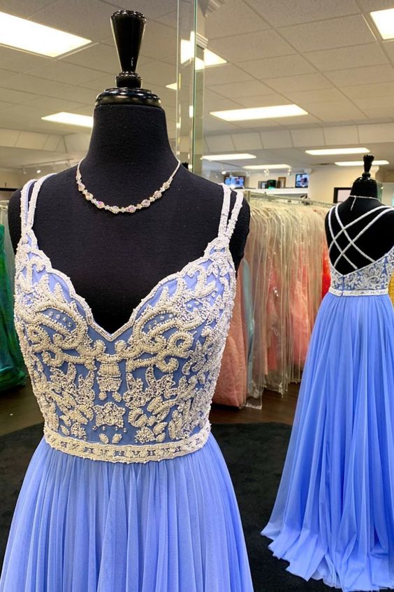 Double Straps Beaded Blue Prom Dress cg17579