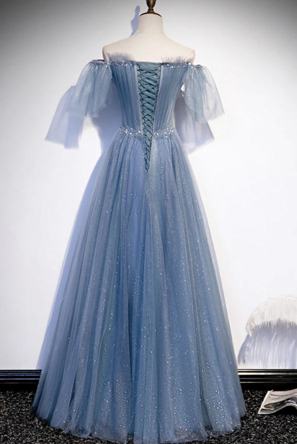 Blue tulle beads long prom dress A line evening dress cg17585