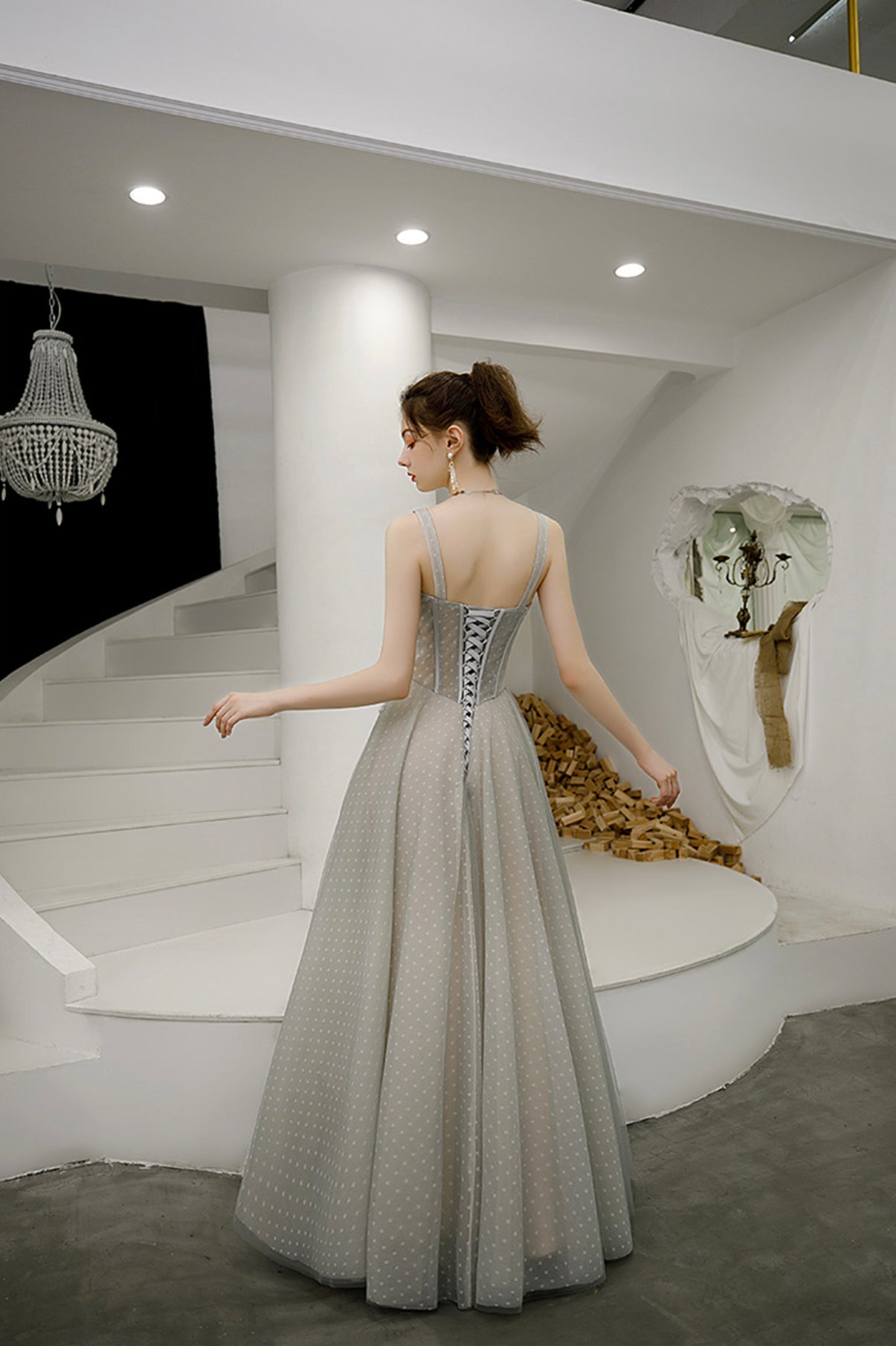 GREY TULLE LONG A LINE PROM DRESS EVENING DRESS cg17590