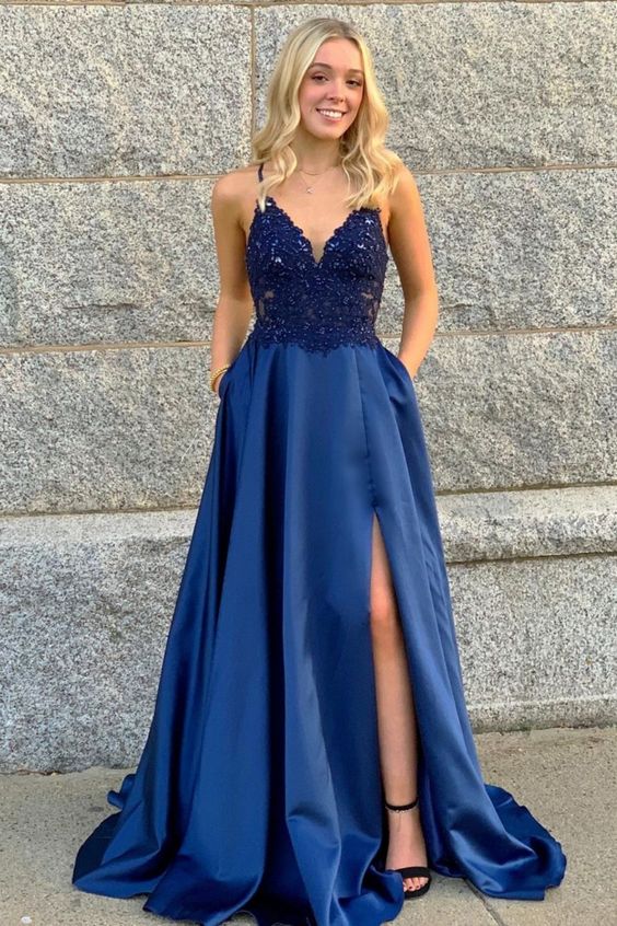A-Line Lace Appliques Royal Blue Long Prom Dress cg17644