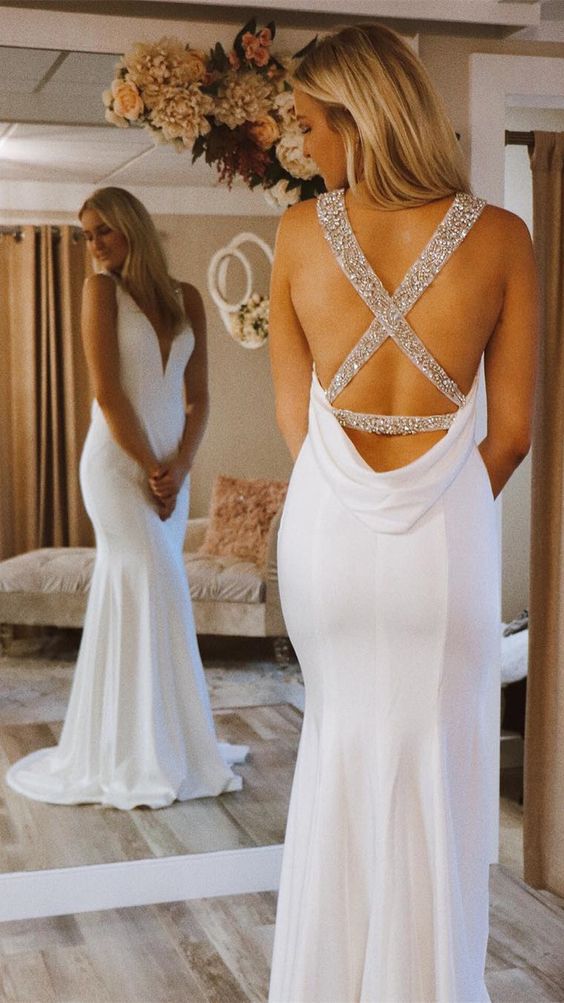 mermaid white evening dress with cowl back, white long prom dress cg17653