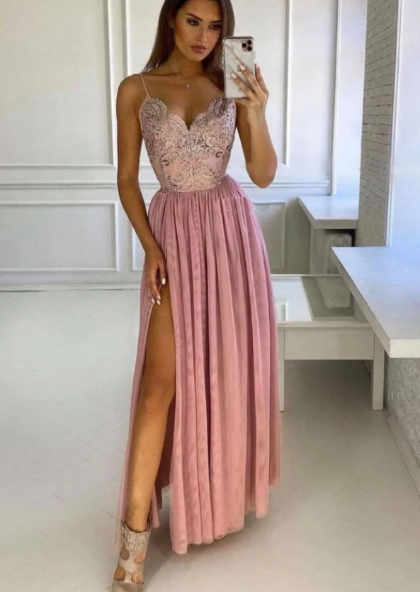 PINK V NECK LACE LONG PROM DRESS PINK BRIDESMAID DRESS cg17660