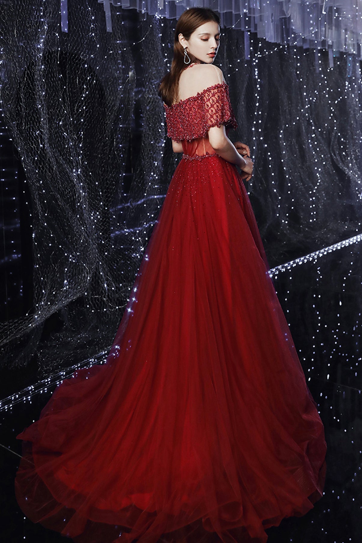 ELEGANT TULLE BEADS LONG A LINE PROM DRESS EVENING DRESS cg17661