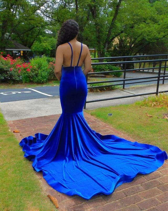 Royal Blue Velvet Mermaid Deep V Neck Backless Appliques Prom Dress cg17670
