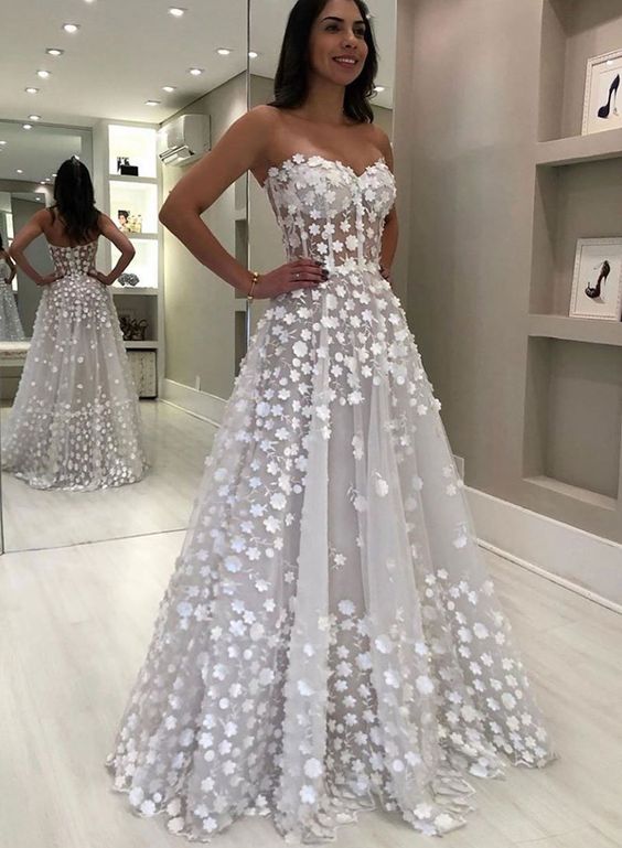 White sweetheart neck flower tulle long prom dress,princess evening dress,beautiful wedding dress cg17696