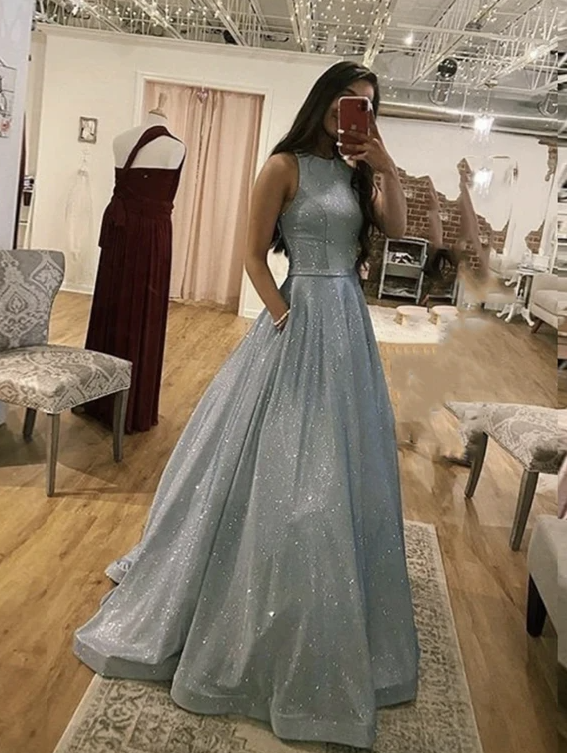 Simple A line long prom dress blue evening dress cg17719