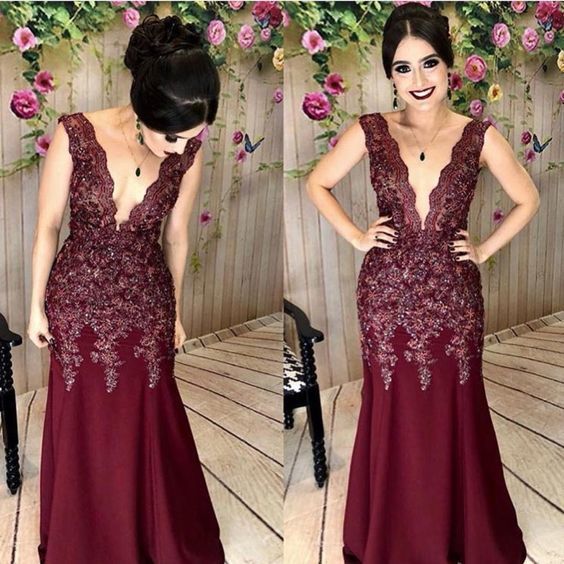 V Neck Burgundy Mermaid Prom Dress cg17723