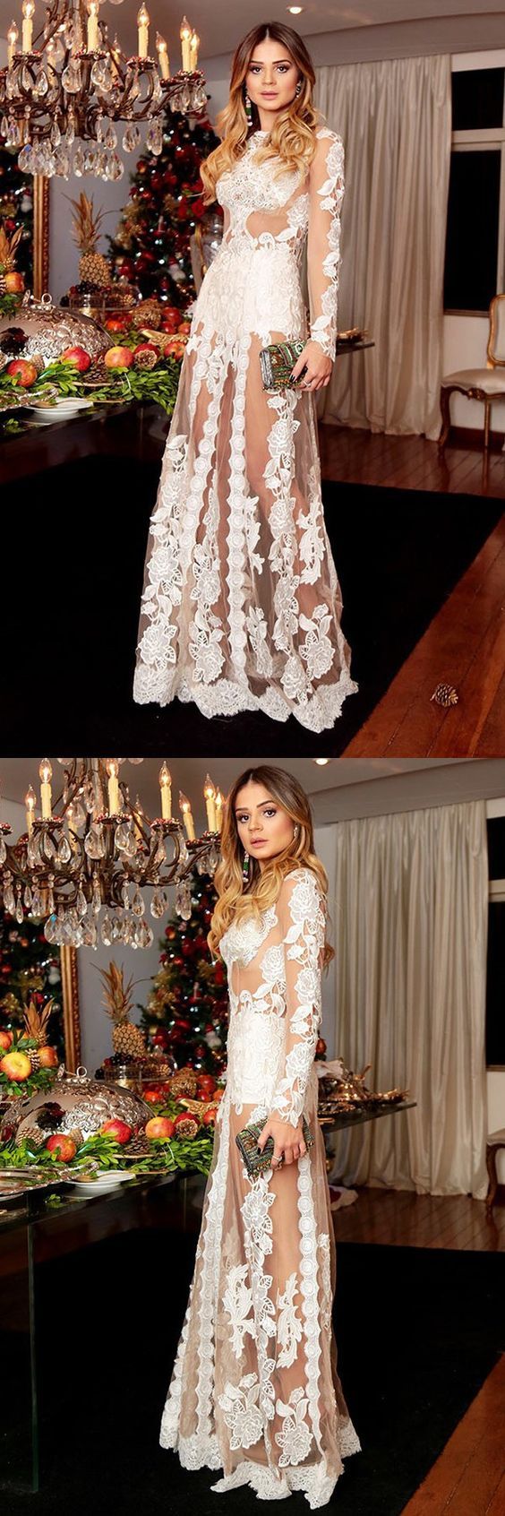 A-Line Bateau Long Sleeves Floor-Length White Tulle Prom Dress With Appliques cg17726