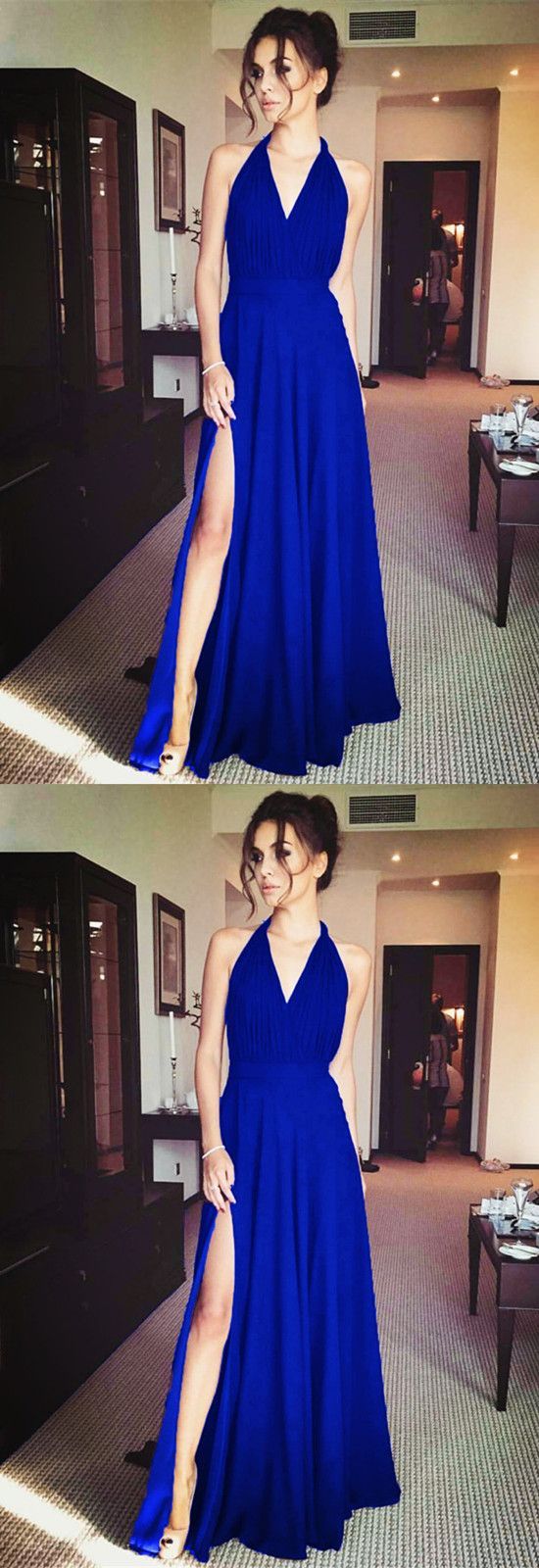 Halter Neckline Long Chiffon Split Bridesmaid prom Dresses cg17727