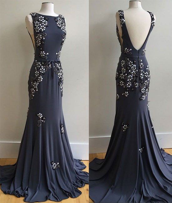 Unique Mermaid Bateau Open Back Dark Navy Long Prom Dress with Appliques cg17749