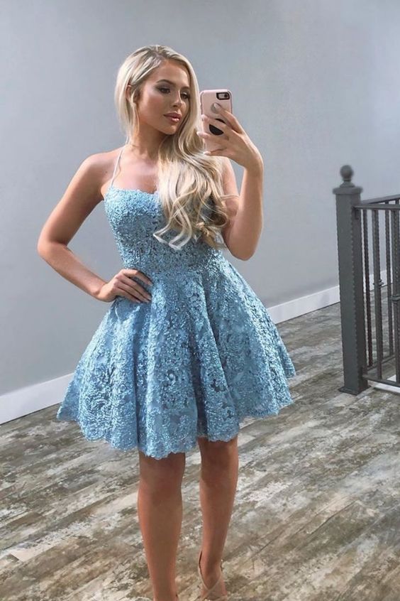Blue Lace Short Homecoming Dress cg17751