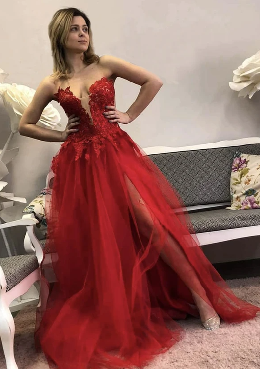 Red lace long A line prom dress red evening dress    cg17767