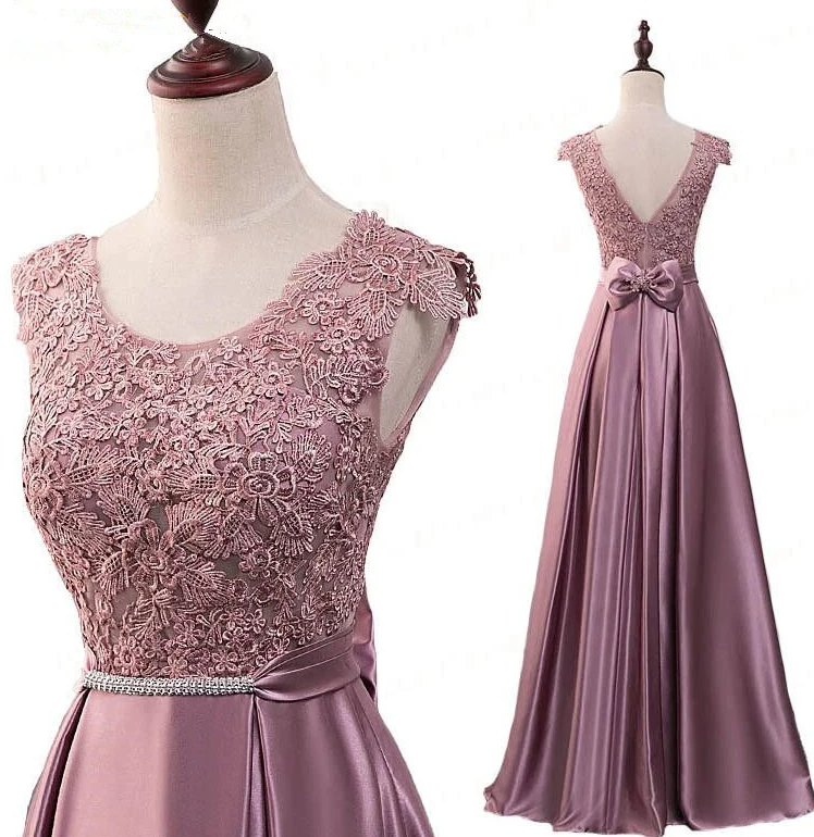 Pink Satin With Lace Applique Long Bridesmaid Dress, Pink A-Line Simple Prom Dress cg17770