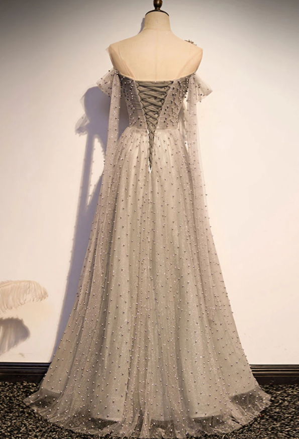 GRAY TULLE ONE SHOULDER LONG PROM DRESS GRAY FORMAL DRESS cg17772