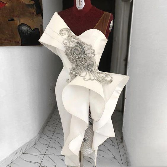 white evening dresses short lace applique beaded mermaid modest evening gown Homecoming Dress cg17803