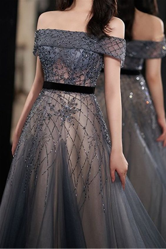 dark grey off the shoulder beaded tulle long formal dress prom dress cg17814