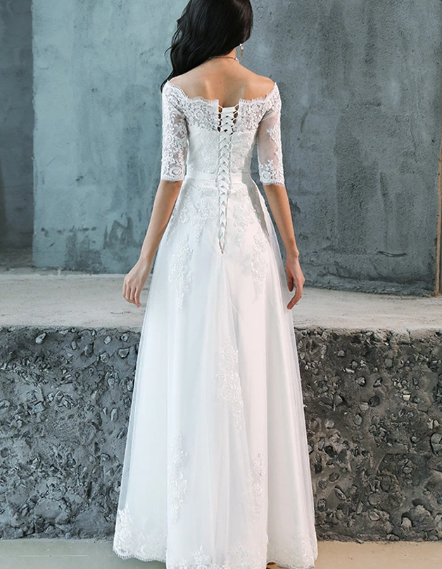 Charming Simple Tulle White Short Sleeves Wedding Dress With Lace, A-Line Party Dress prom dress A line evening dress cg17842