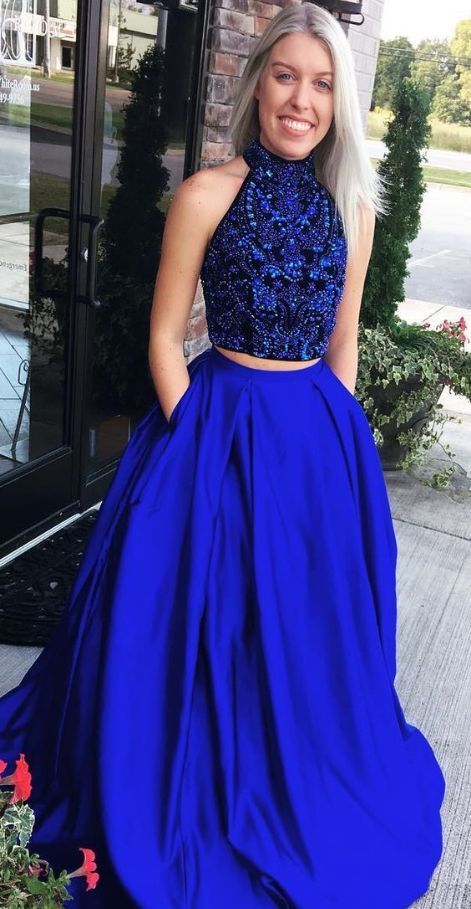 High Neck Crystal Beading Prom Dress, Dark Blue Long Prom Dress cg17847