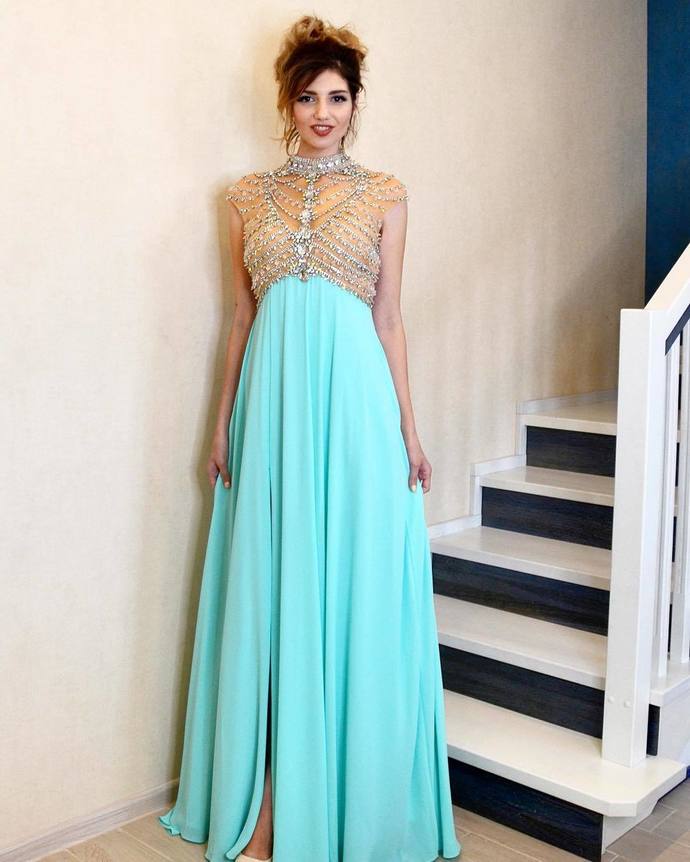 Luxurious High Neck Beaded Blue Long Formal Dress Long Prom Dress cg17855