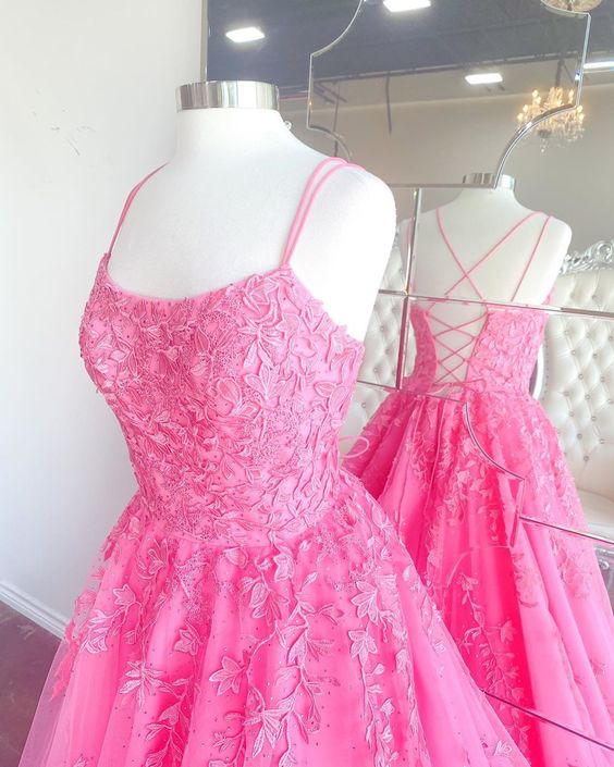 Hot Pink A-line Tulle and Lace Long Prom Dress cg17862