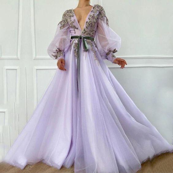 Sexy Evening Dress High V-Neck Appliques Beaded Long Sleeves A-Line Tulle Formal Dubai Arabic Prom Gown Party Dress cg17869
