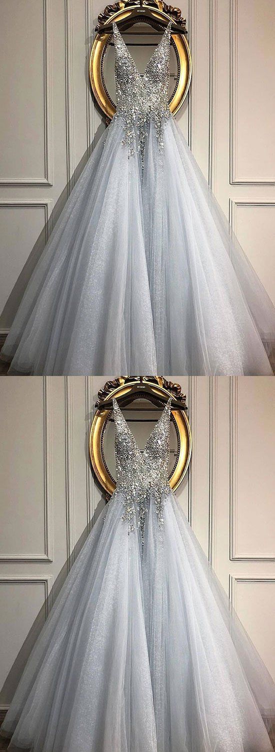 Gray v neck tulle beads long prom dress, evening dress cg1787