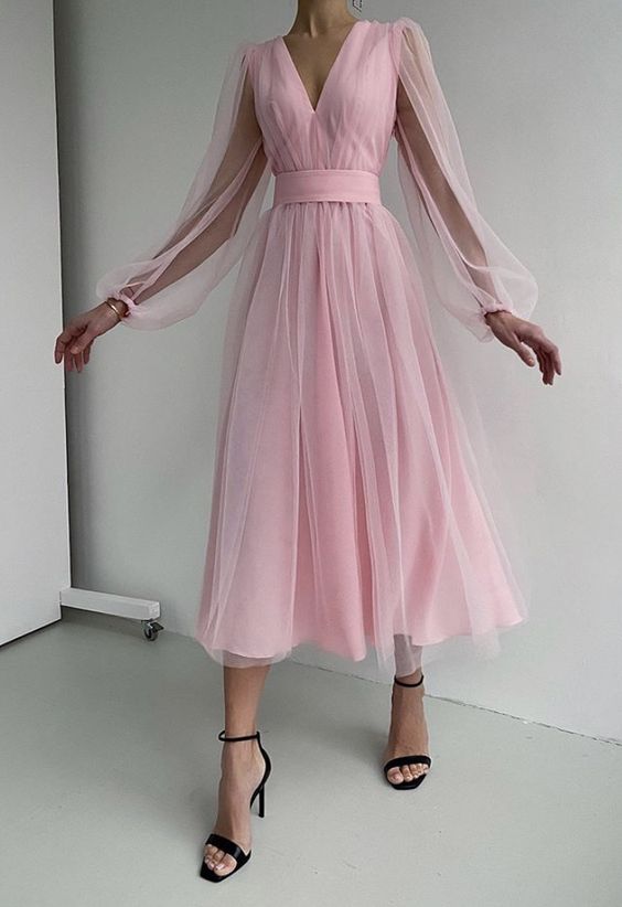 Sexy Evening Dress Long Sleeves A-Line Tulle Formal Prom Gown Party Dress cg17870