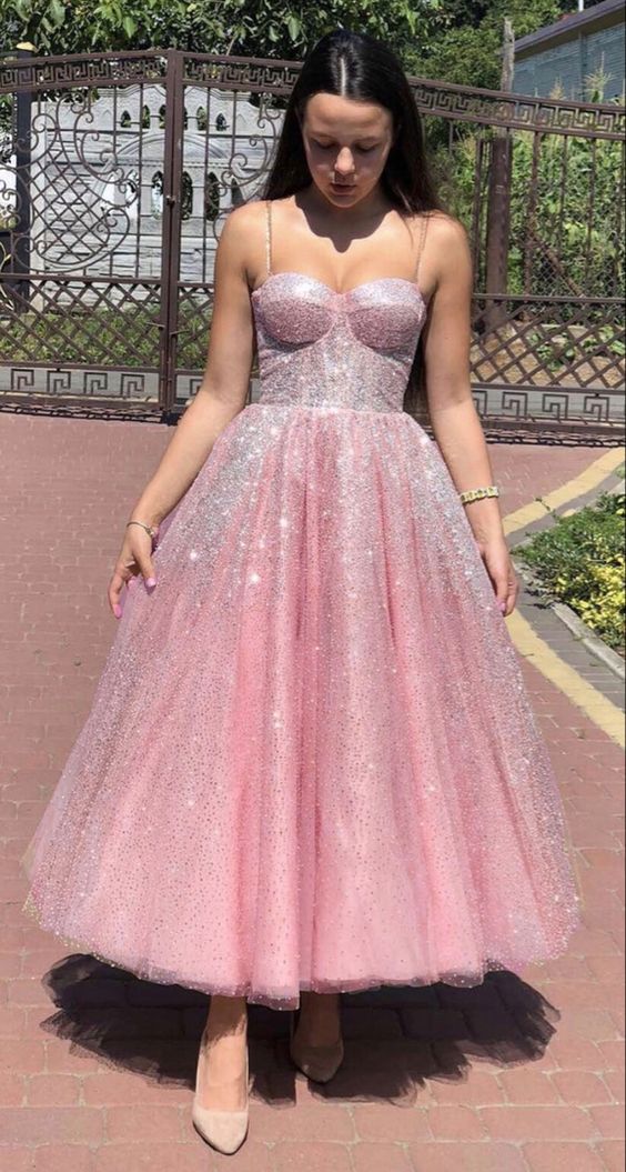 Sparkly prom party dresses midi length ball gown sweetheart spaghetti straps cg17888
