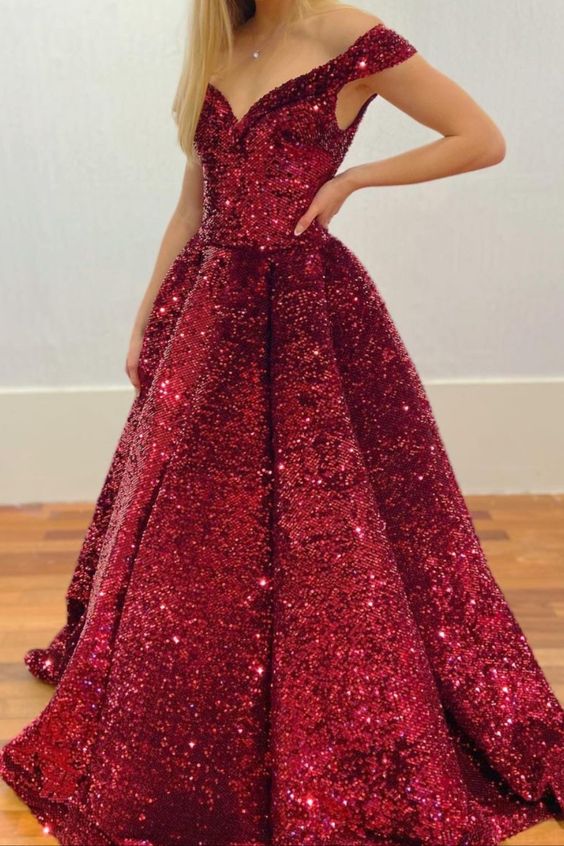 off the shoulder wine red sequined long prom gown ball gown cg17910